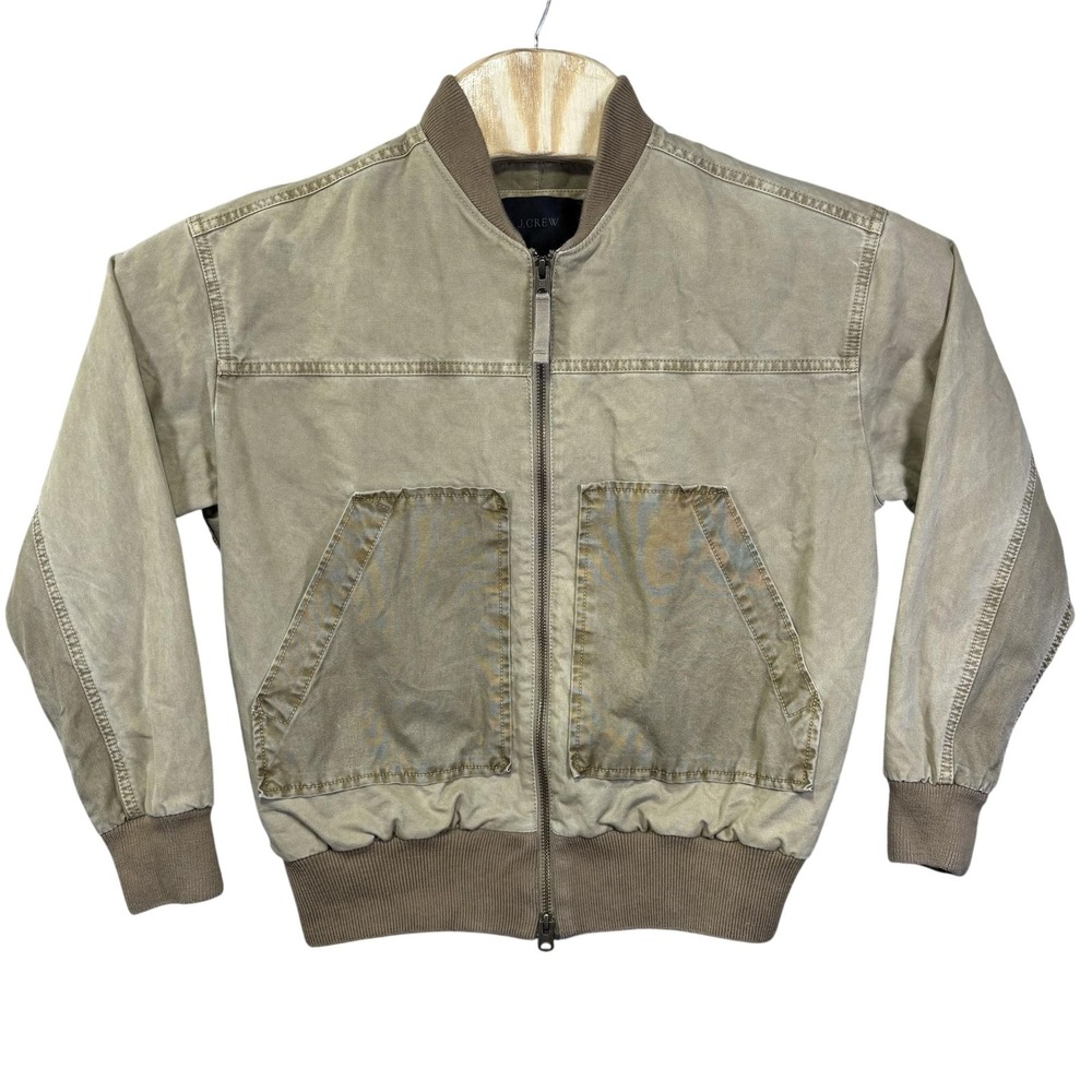 J.Crew Jacket Mens XS Beige Canvas Bomber Full Zip Ribbed Hem Pockets Casual